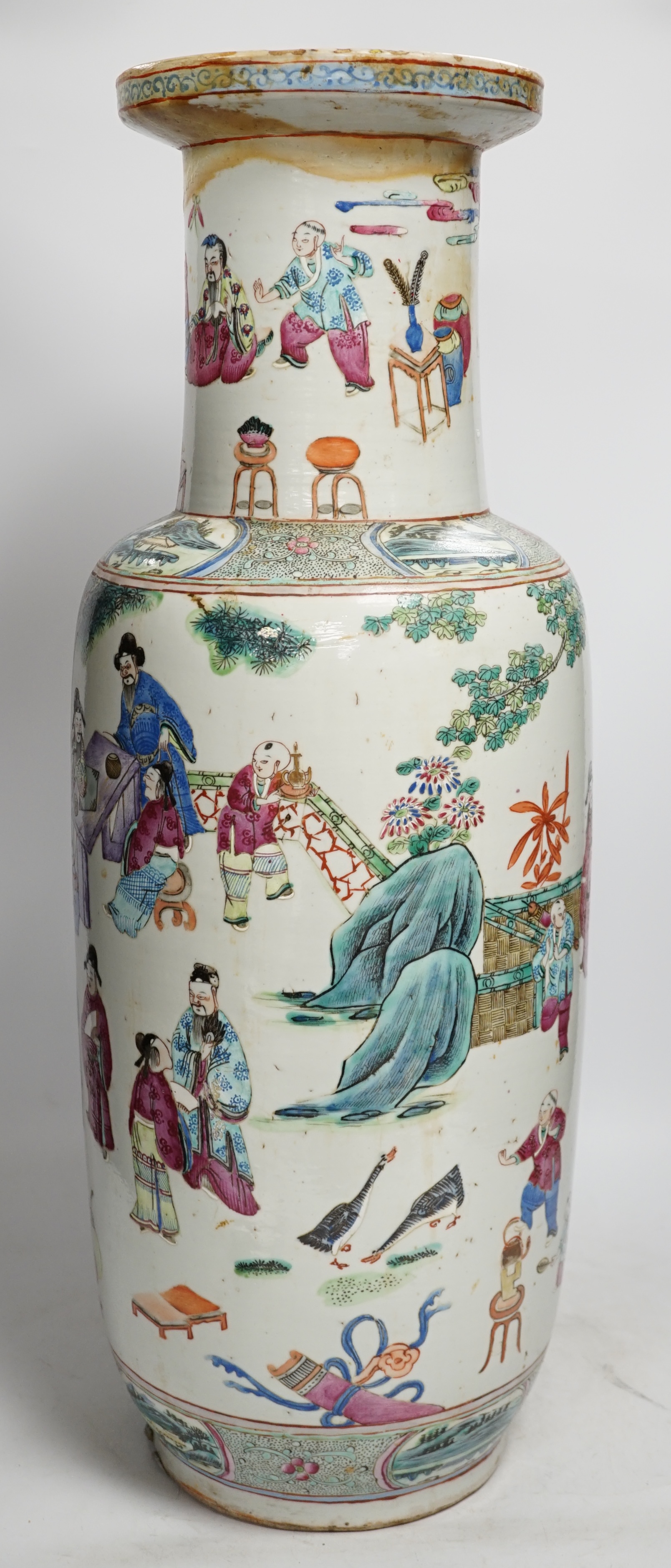 A large 19th century Chinese famille rose rouleau vase, 64cm. Condition - rim and neck have discoloured restored, otherwise fair